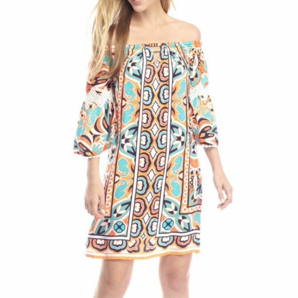 Crown & Ivy Off Shoulder Retro‎ Shift Dress S Aqua Orange Coastal Beach Tropical